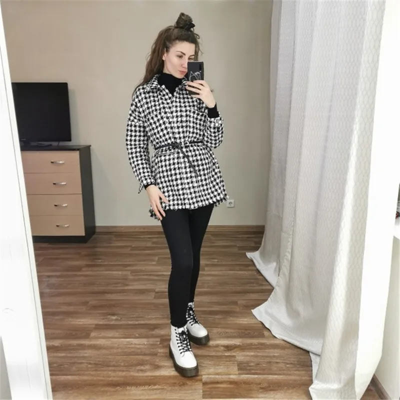GCAROL Женская клетчатая твидовая длинная негабаритная куртка пальто осень зима отложной воротник Асимметричная свободная трендовая клетчатая верхняя одежда