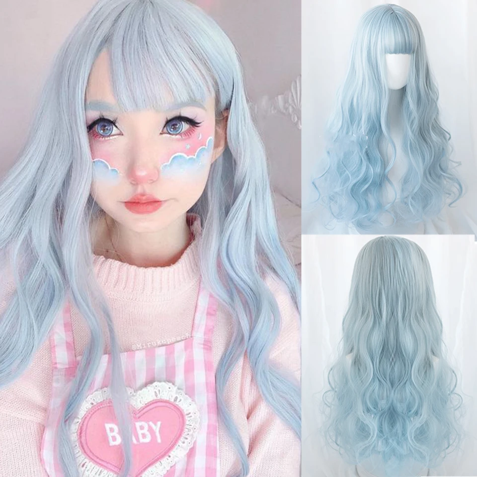 

HOUYAN Long wavy curly hair synthetic wig pink green gradient girl bangs Lolita Cosplay wig with heat-resistant synthetic hair w