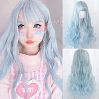 houyan long wavy curly hair synthetic wig pink green gradient girl bangs lolita cosplay wig with heat resistant synthetic hair w
