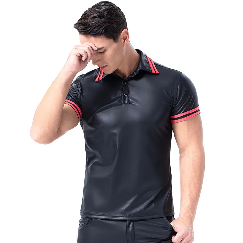 Мужская футболка из ПУ кожи с коротким рукавом и отложным воротником|Мужские