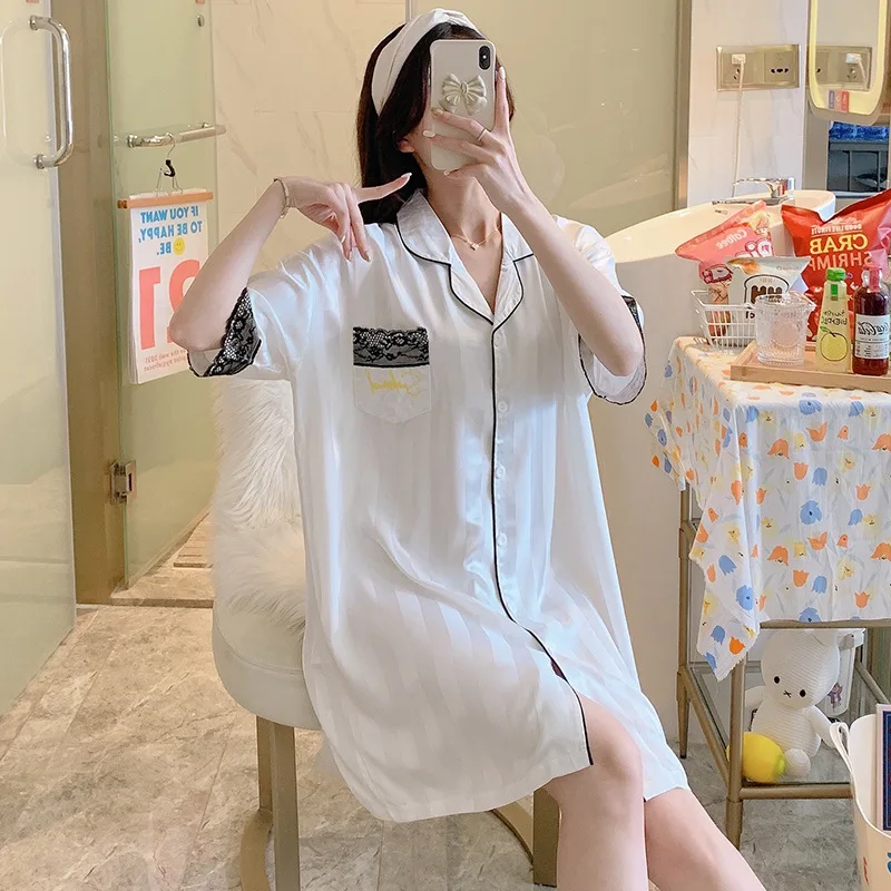 Fashion Shirt Nightdress Women's Summer Cardigan Casual Lace Nightgown Character Dress Short Sleeve Fairy Style Female Sleepwear