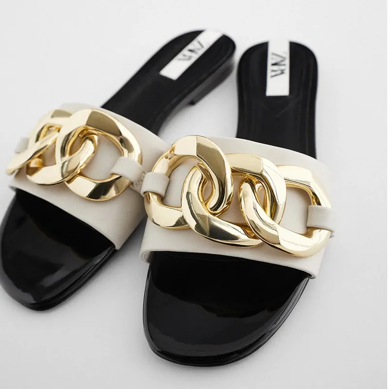 

Zar a Woman 2021 Flat Shoes Spring Summer New Sexy Fashion Metal Chain Square Toe Flat-Heeled Beach Sandals For Women Plus Size