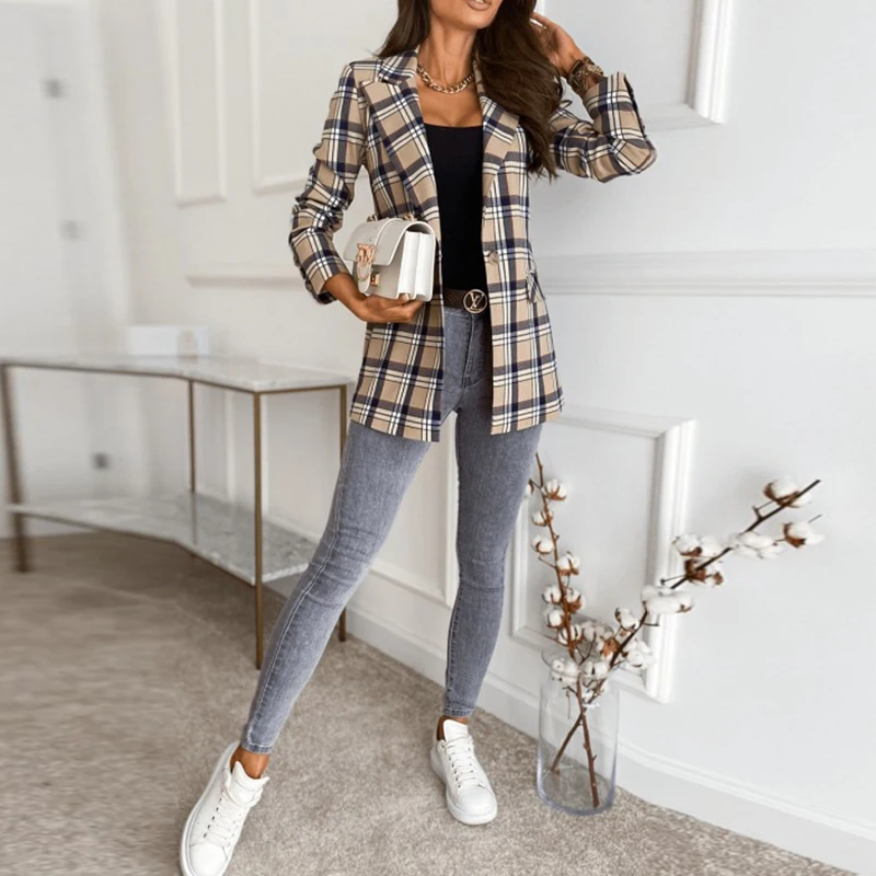

Casual Turn-down Collar Plaid Women Suit Autumn Winter 2021 Long Sleeve Open Stitch Slim Suit Office Ladies Fashion Suit Coat