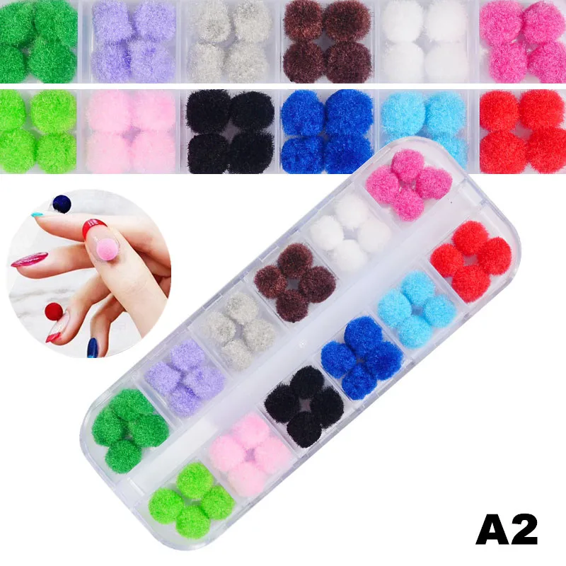 

12 Slots Box 3D Nail Art Decoration Pom Poms Fluffy Plush Ball Soft Detachable Magnetic Rhinestones DIY Manicure Charm