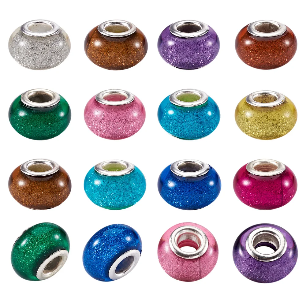 

100pc Acrylic European Beads Glitter Powder Loose Charm Bead Large Hole Mixed Color Brass Cores for Jewelry Making 14x9mm