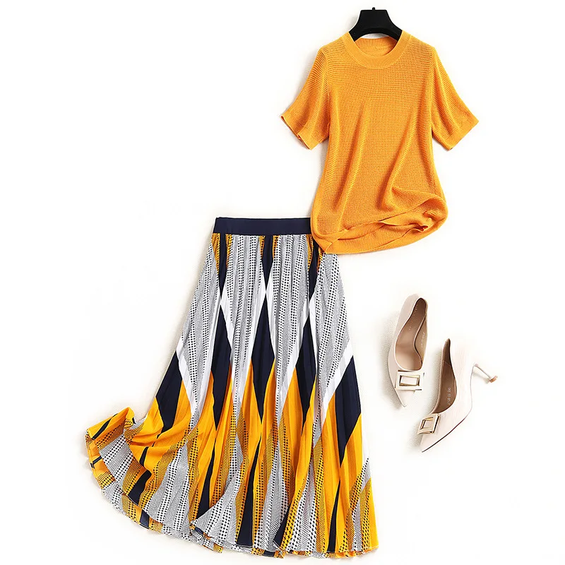 

Women spring summer clothing set 2021 fashion short sleeve knitted t-shirts tops + geometric chiffon long skirts two piece sets