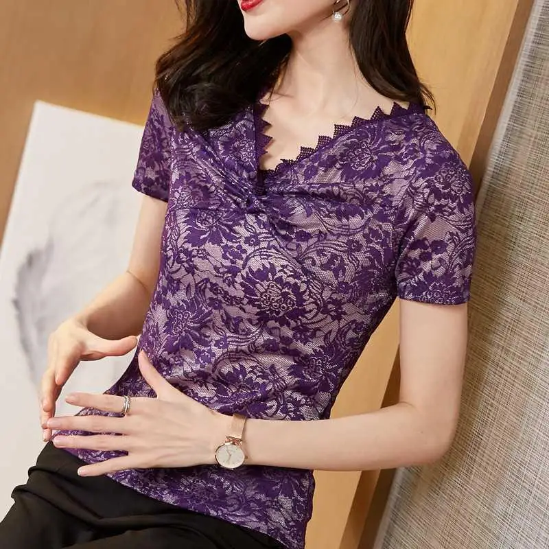 

Женская кружевная рубашка с коротким рукавом и V-образным вырезом