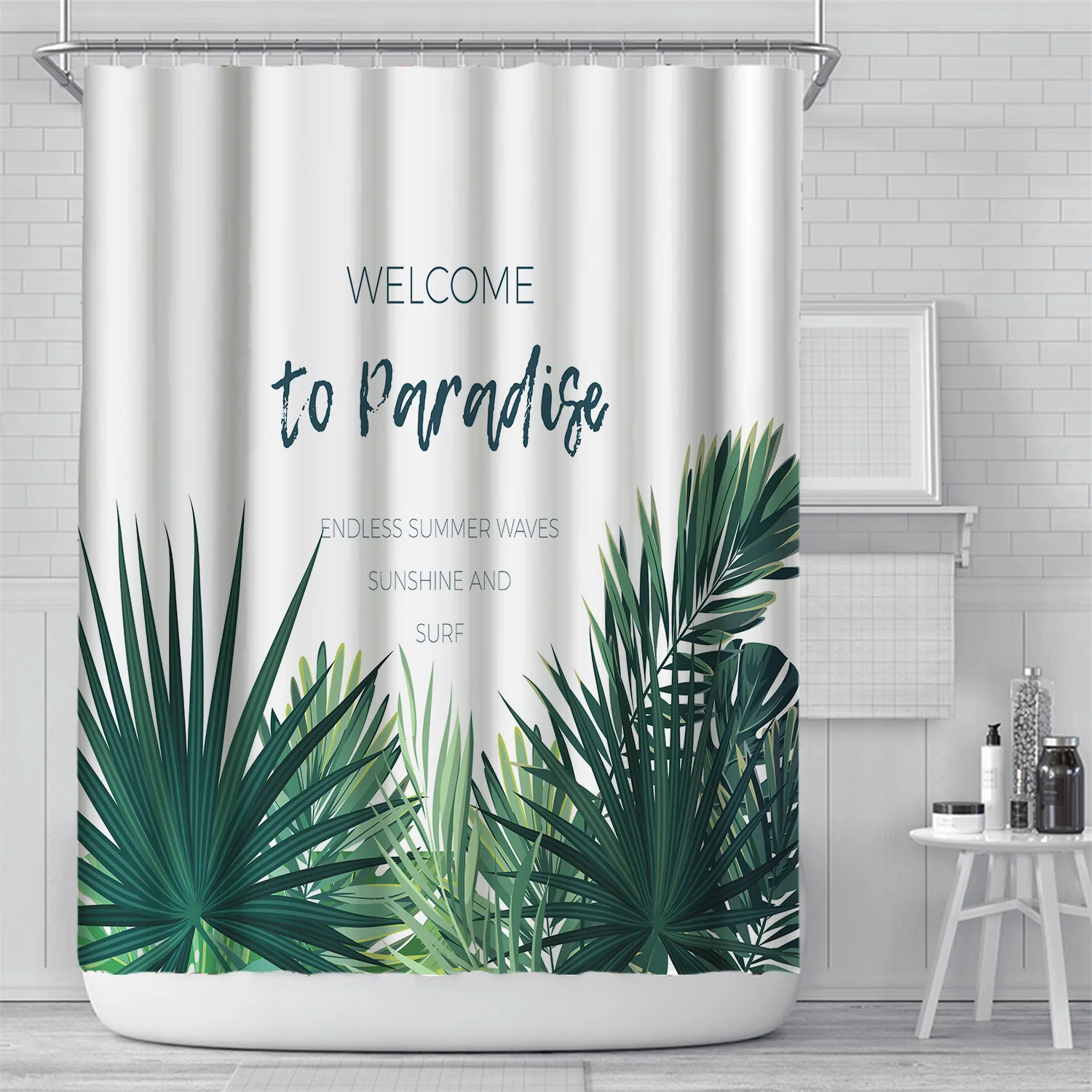

Tropical Plant Waterproofing And Mildew Proof Shower Curtains Punch-free Printing Bathroom Curtain And Hooks