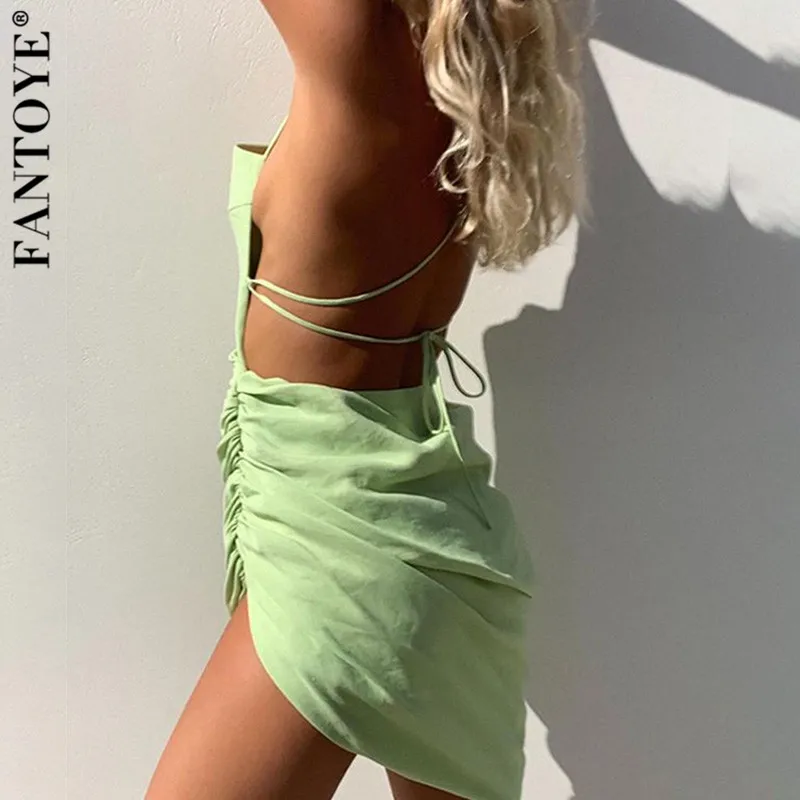 Женское асимметричное платье FANTOYE летнее Бандажное мини с рюшами и открытой