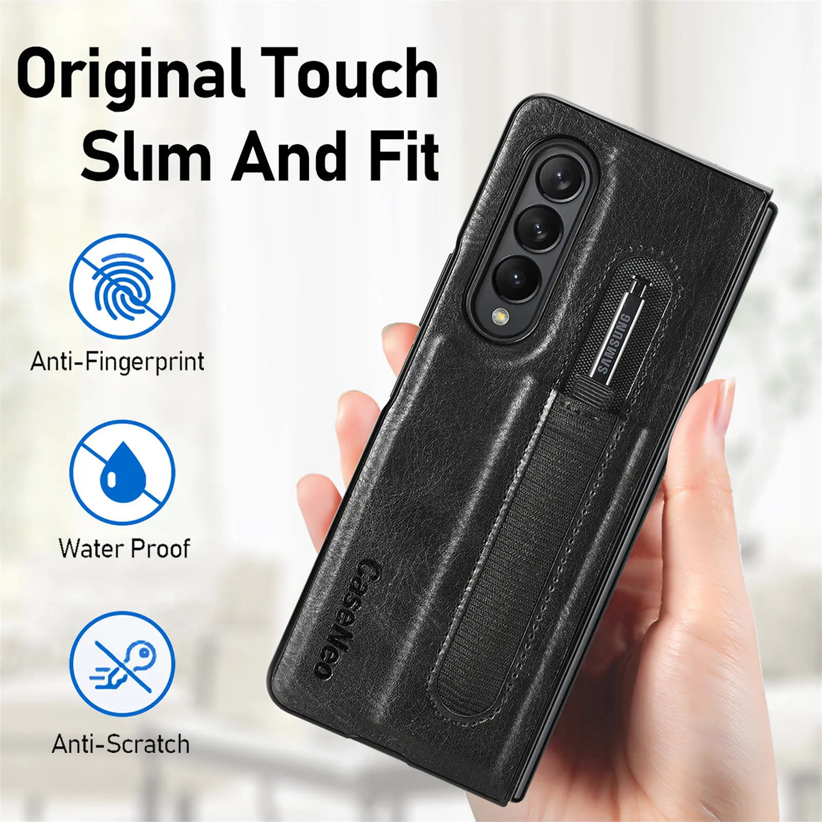 Fashion Logo Pen Holder Case for Samsung Galaxy Z Fold 3 5G PU+PC Cover Leather Pen slot Anti-knock luxury Cases for Fold3 F9260