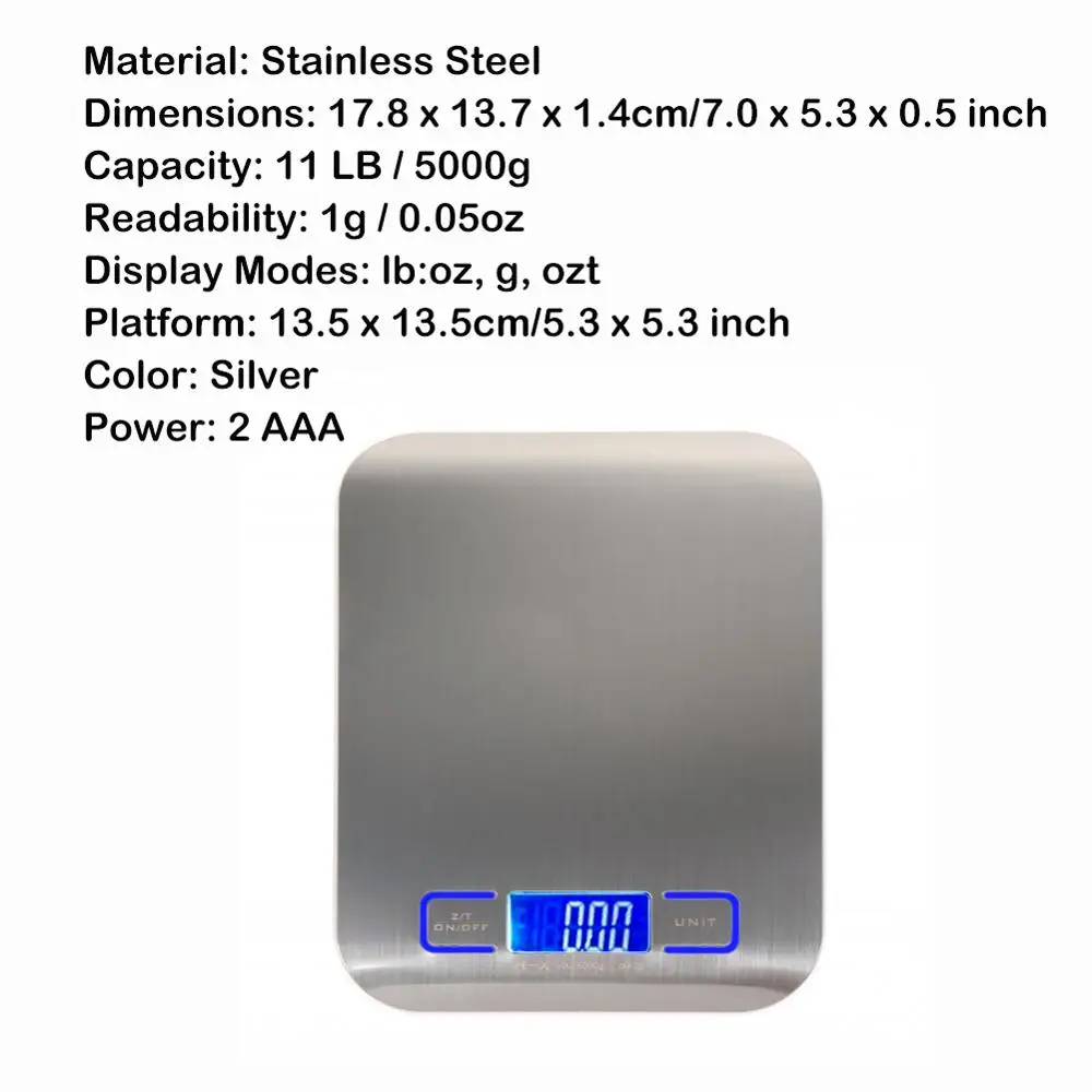11LB/5000g Digital Kitchen Scales Stainless Steel Cooking Food Measuring Tools LED Display Electronic Weight Scale Libra - Цвет: 5kg x 11 LB