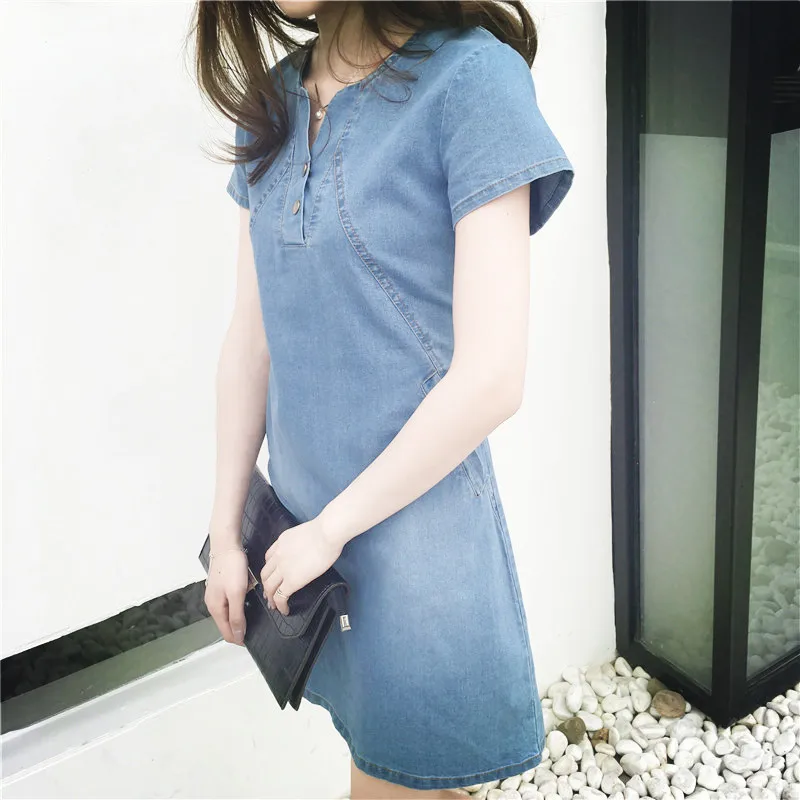 

2021 new spring and summer women's large size women's fat mm leisure medium length denim dress women's fashion