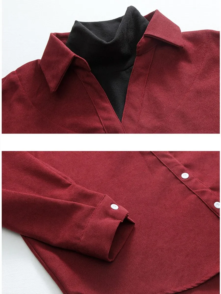 

Fake Two-Piece Patchwork Turtleneck Women Knitted Shirt Tops 2020 Autumn Winter Long Sleeve Casual Loose Female Blouse