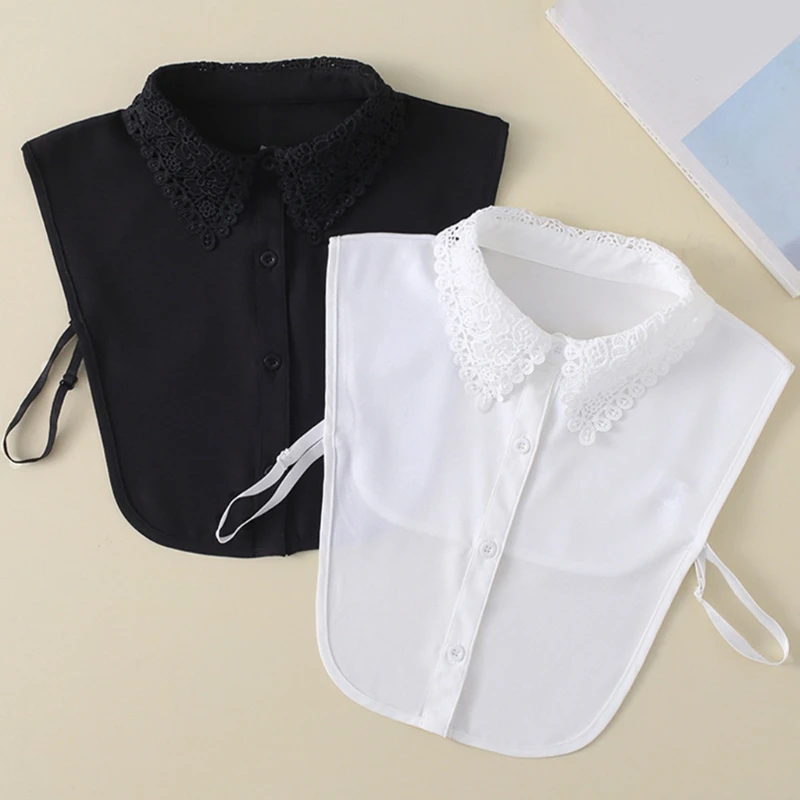 

Women Sweet Floral Lace Jacquard Lapel False Fake Collar Button Down Chiffon Detachable Half Shirt Blouse Elegant Dickey