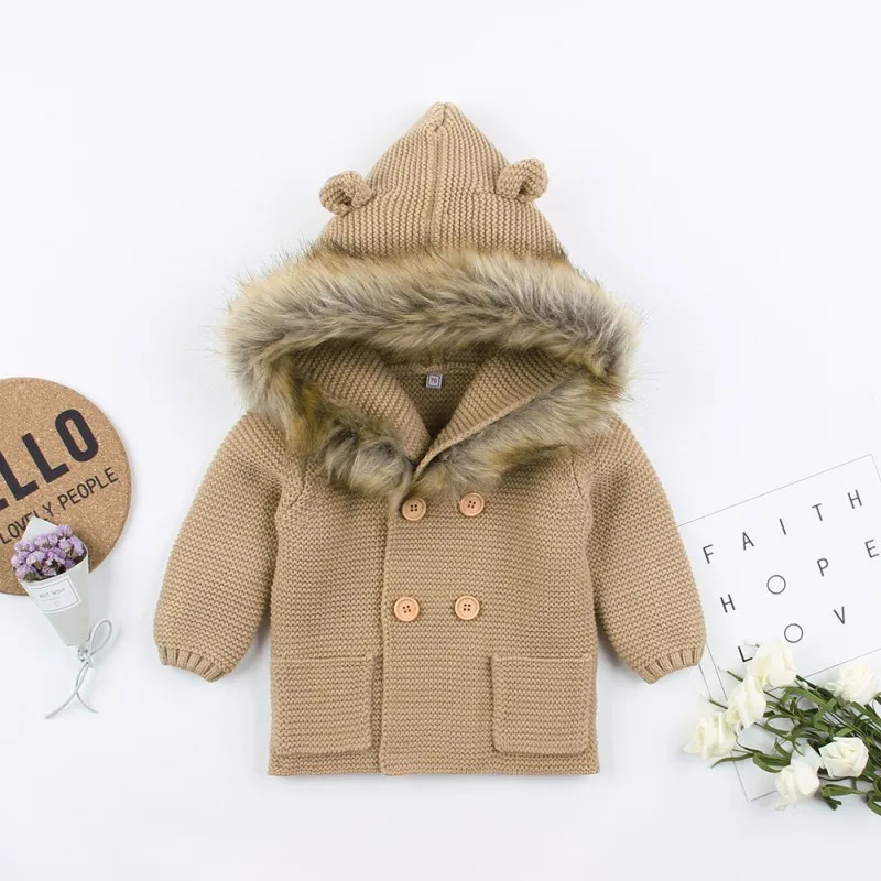 

0-24M Winter Baby Boys Girls Knitted Cardigan Jackets Outfits Warm Autumn Infant Kids Fur Hooded Sweaters Long Sleeve Coat
