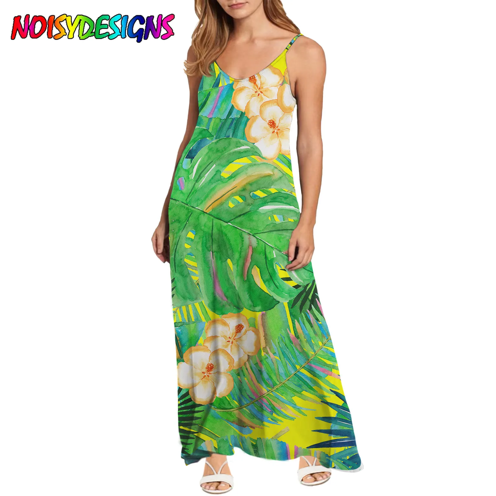 

NOISYDESIGNS Hawaiian Tropical Hibiscus Flower Printing Women Sleeveless Dress V Neck Sexy Streetwear Party Club Elegant Summer
