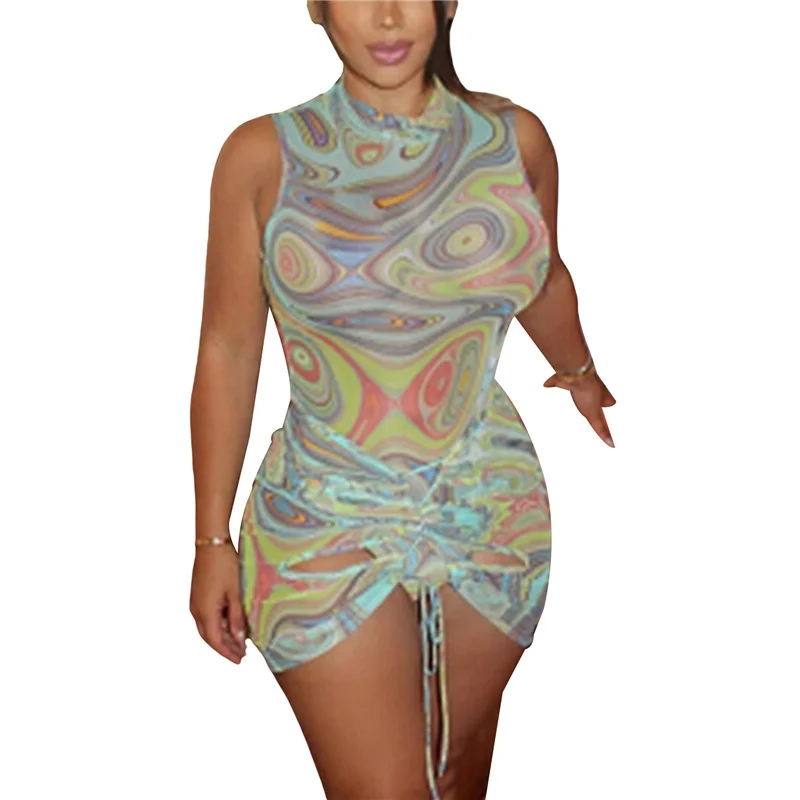 

Women Summer Skinny Sets Sleeveless Printed O-neck Crop Top+High Waist Lace-up Skirt Outfits Partywear Mesh Fashion Outfits