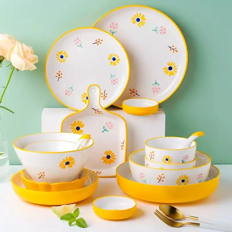 

2021 Ceramic Sable Ware Daisy Pattern Creative Personality Rice Bowl Salad Plate Spoon Japanese Style High Temperature Resistanc