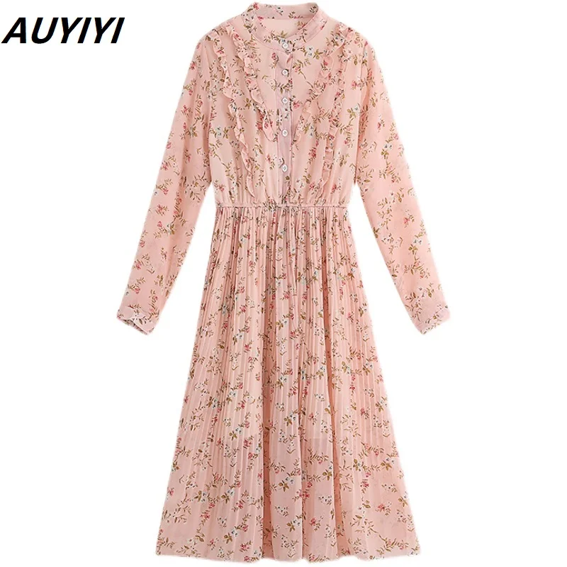 

AUYIYI Floral Chiffon Long-Sleeved Temperament Dress 2021 Autumn New Fashion French Style Reduced Age And Thin Mid-Length Skirt