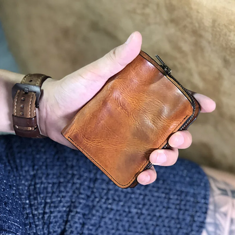 

Original handmade vegetable tanned cowhide men's short wallet retro leather vertical small wallet for driving license