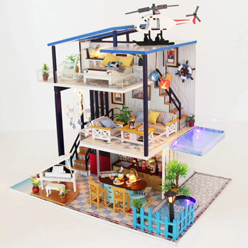 DIY кукольный домик Миниатюрная модель синий дом любви мебель королева деревянные
