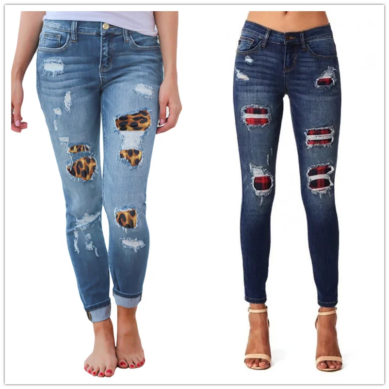 

Женские рваные джинсы с леопардовым принтом, модные Стрейчевые узкие джинсовые брюки-карандаш, Уличная Повседневная модель