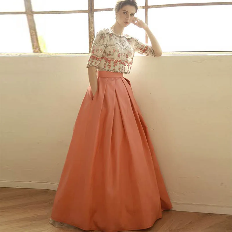 Fashion Satin Long Maxi Skirt High Waist Floor Length Prom Skirts for Women Puffy Pleated Orange Wedding with Pockets | Женская одежда