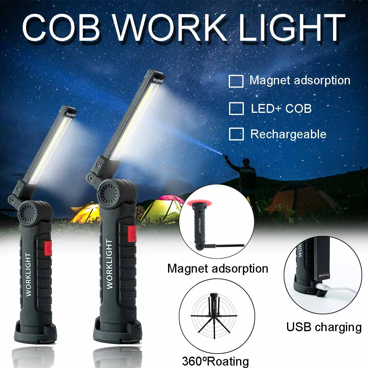 Портативный светодиодный фонарь COB с магнитным аккумулятором 5 режимов рабочий