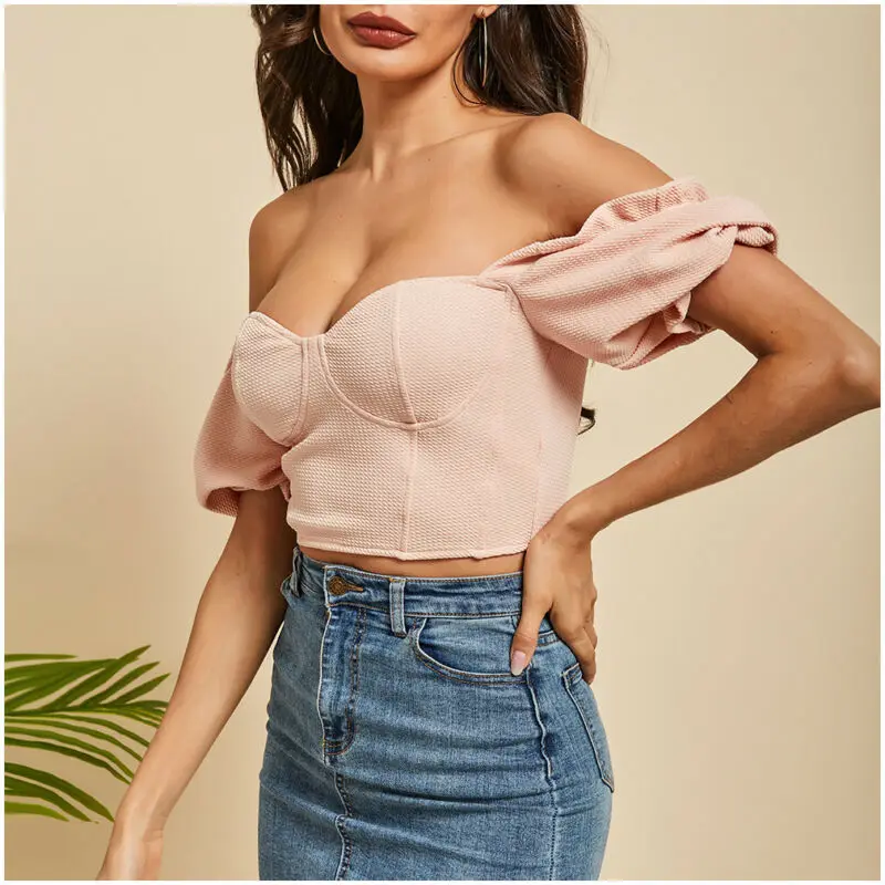 Women Sexy Off Shoulder Bardot Crop Tops Summer Autumn Ruffle Frill Lantern Sleeve Blouse Ladies Casual blusas mujer de moda 