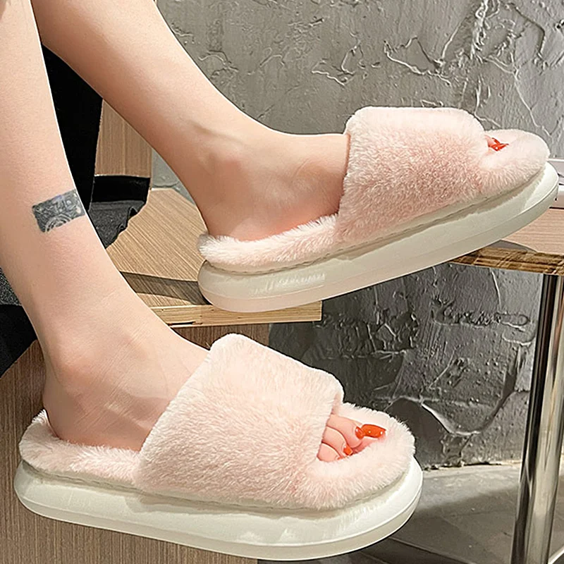Woman Super Soft Indoor Fur Slippers Winter Platform Warm Plush Slipper Female House Cotton Shoes Bedroom Antiskid Sewing Slides