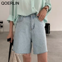 qoerlin vintage ripped jeans trouser korean loose high waist wide leg denim shorts women capri pants plus size bermuda shorts
