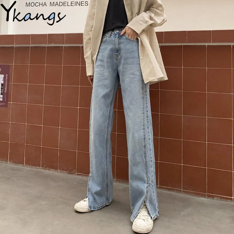 

5XL размера плюс с высокой посадкой шить Разделение джинсы больших размеров в Корейском стиле свободные широкие джинсовые штаны уличная пря...