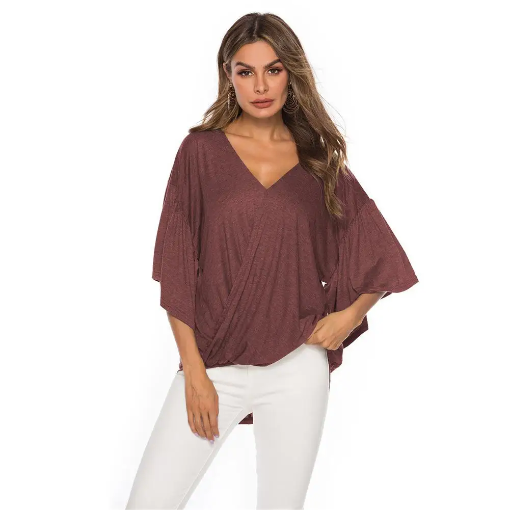 2019 Новая женская модная повседневная Осенняя летняя Однотонная футболка с