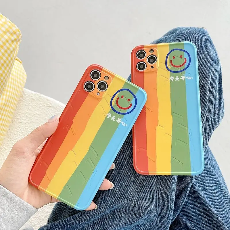 

New Hot Rainbow Smiley Phone Soft Case For iPhone 13 12 11 Pro Max X XR XS Max Mini 7 8 Plus Soft Shockproof Cases Cover