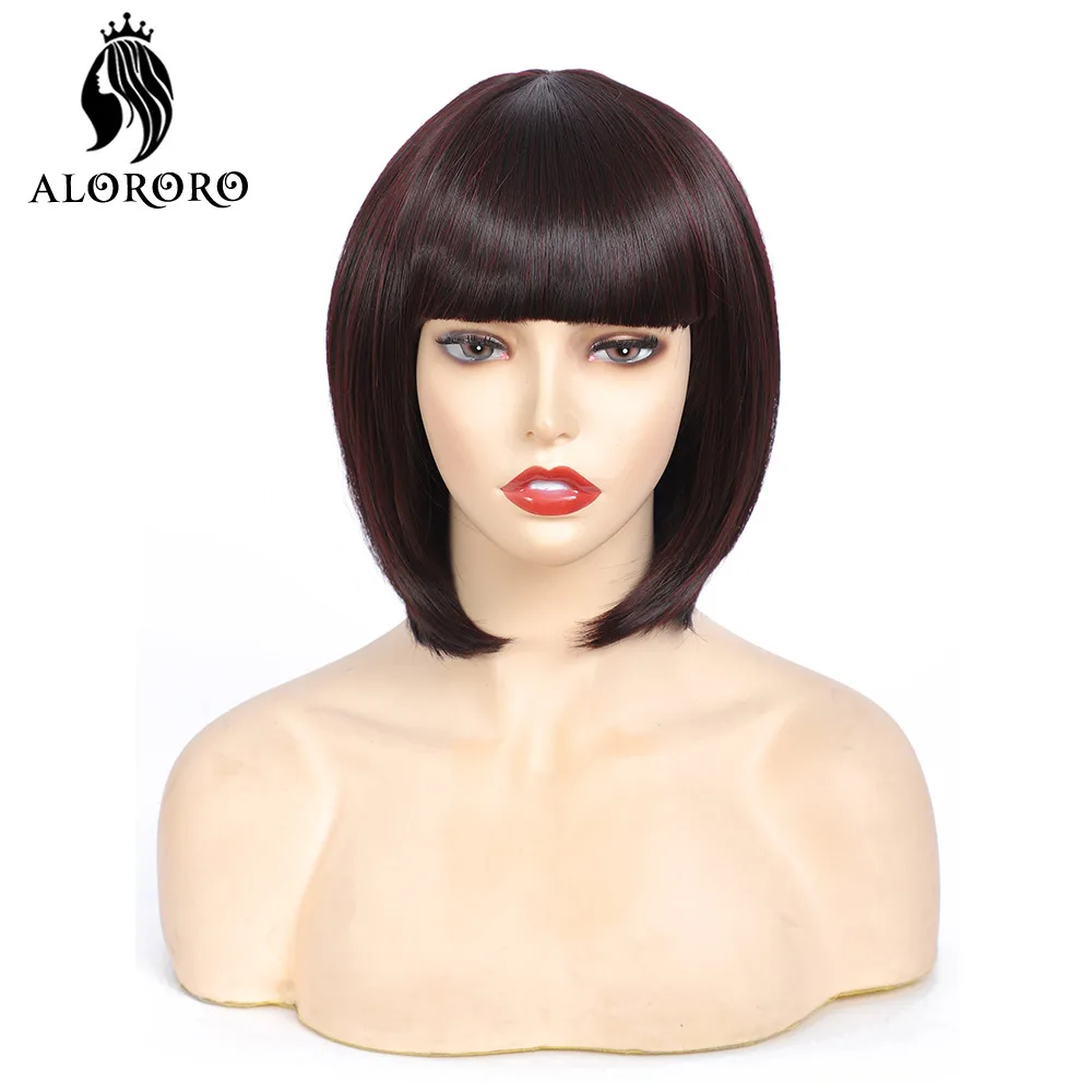 

Alororo Bob Wig Short Synthetic Wig with Bangs 10 Inches Fashion Black Red High Temperature Wire Wigs for Women