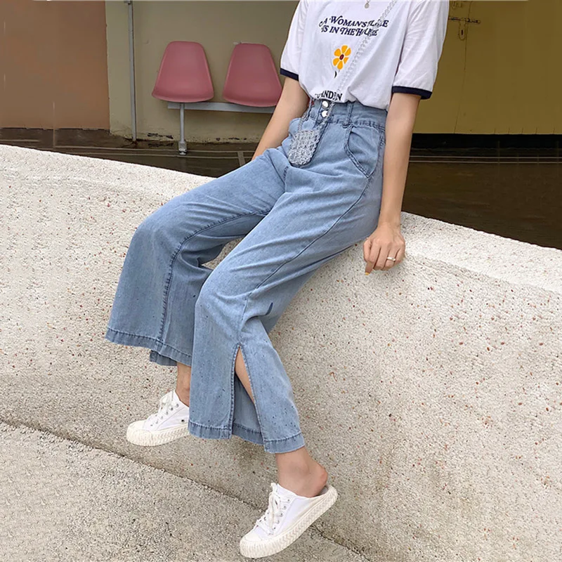 

Jeans Women Wide Leg Denim Vintage Trousers Womens High Waist Split Light Blue Simple Elegant Harajuku All-match Casual Daily