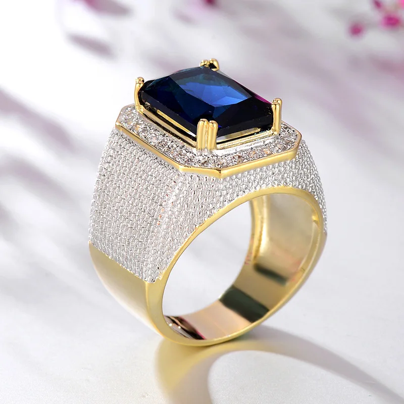 Sapphire Gem Gold Ring for Men Women Vintage Cool Punk Rings for Male Jewelry Accessories for Nightclubs Bars 18K Gold Jewelry