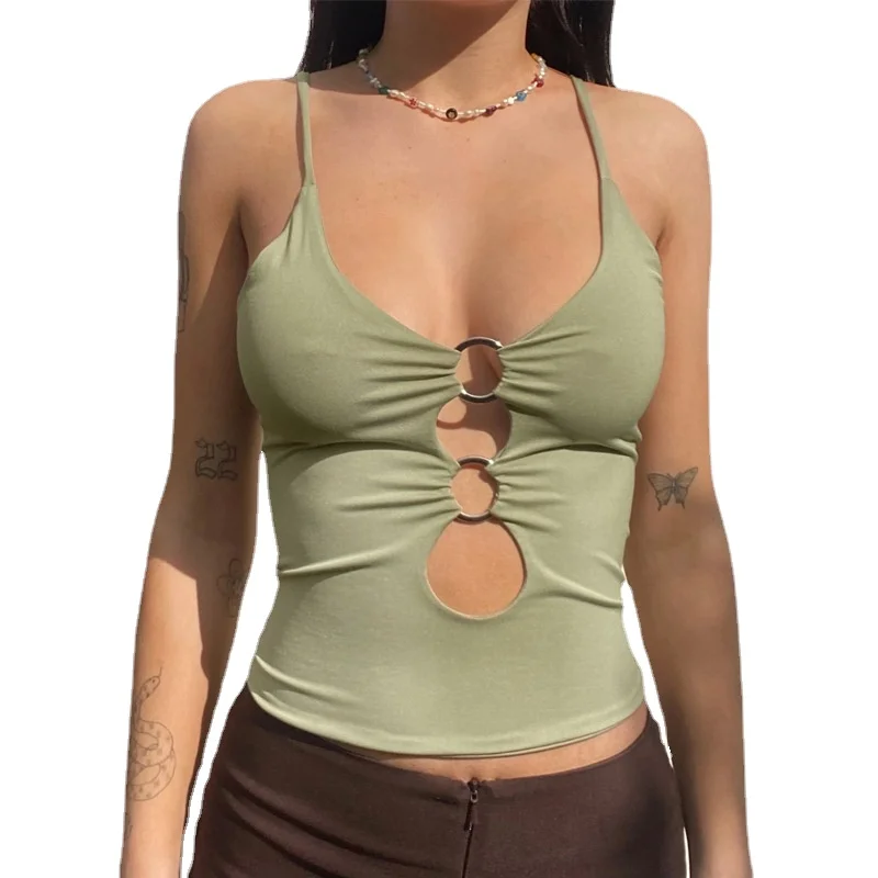 

New Solid Color Navel Slim-fit Suspender Top Women's Fashion Chest Hollow High-quality Urban Casual Summer Pullover 2021 L15