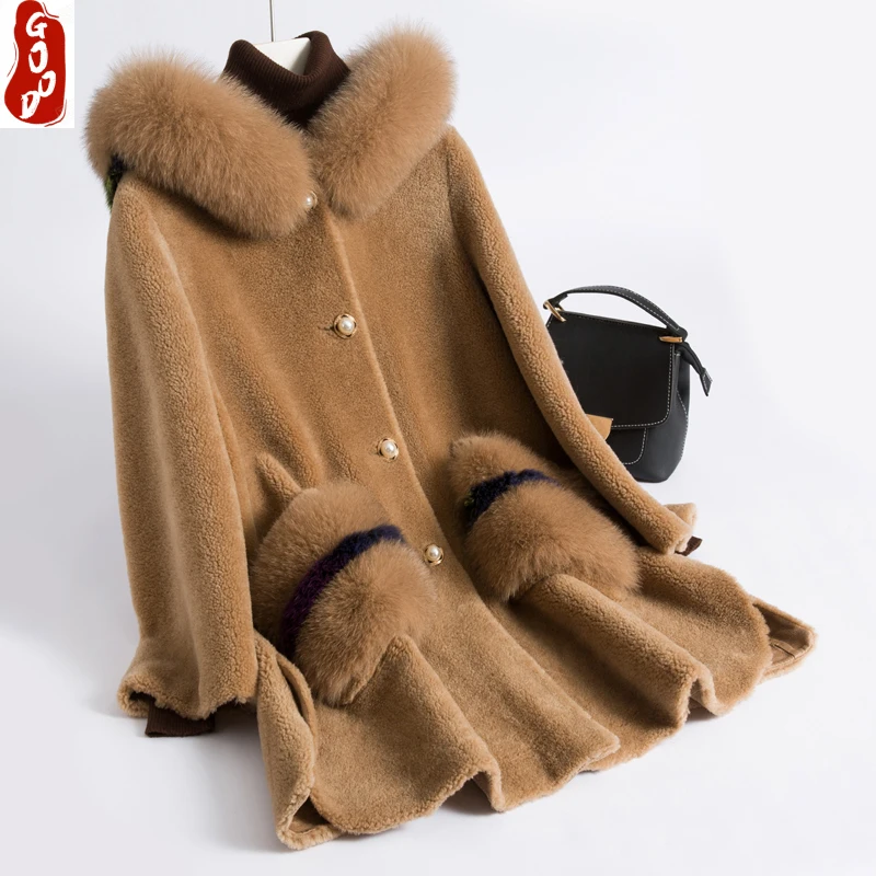 

Sheep Shearing Coats Autumn Winter 100% Wool Jacket Women Real Fox Fur Hooded Elegant Long Jackets Parka Spring LPL1268