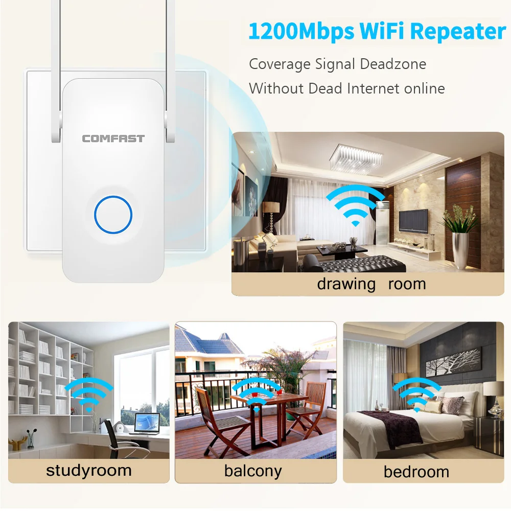 1200Mbps WiFi Extender Internet Signal Powerful Dual Band Wireless Repeater 2.4GHz 5GHz Wi-Fi Antenna |