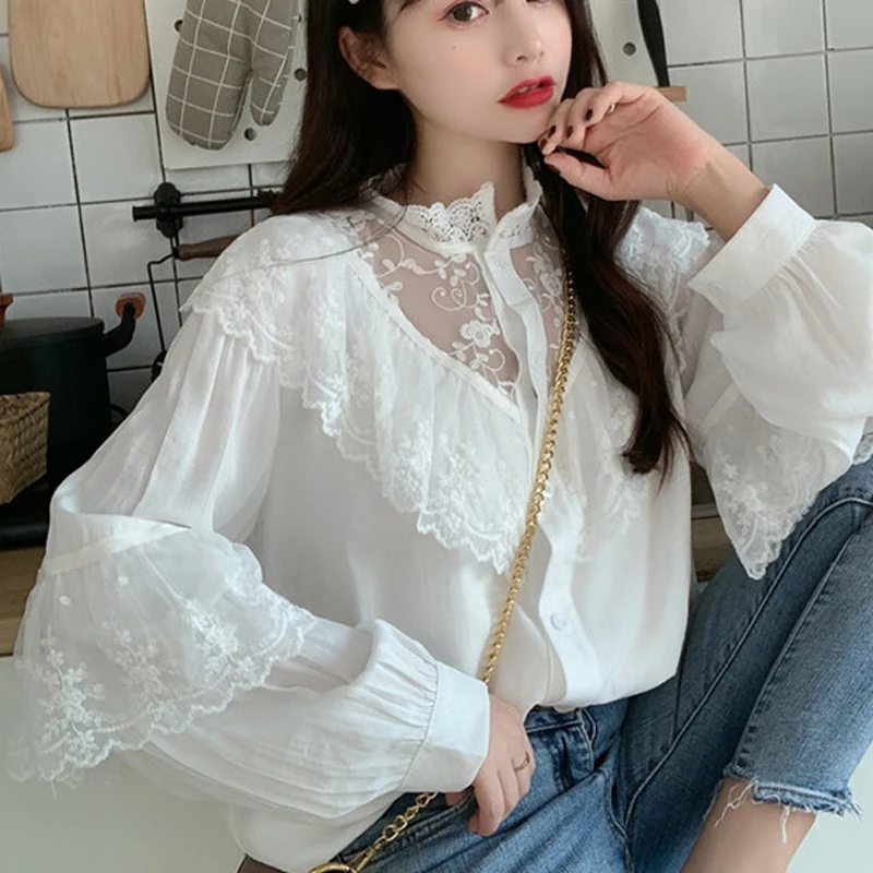 

Korean Sweet Loose Lace Up Ruffled Women Blouses Vintage Lace Shirts Women Floral Stand Collar Ladies Tops Chemise Femme 11335