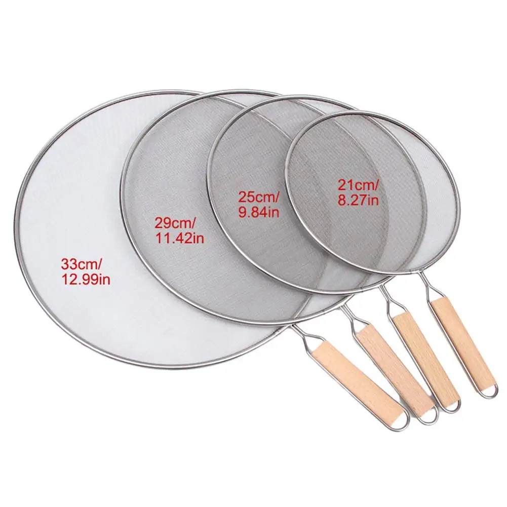 

21cm/25cm/29cm/33cm Oil Splatter Screen Stainless Steel Fine Mesh Grease Splatter Guard with Wooden Handle for Frying Pan Tools