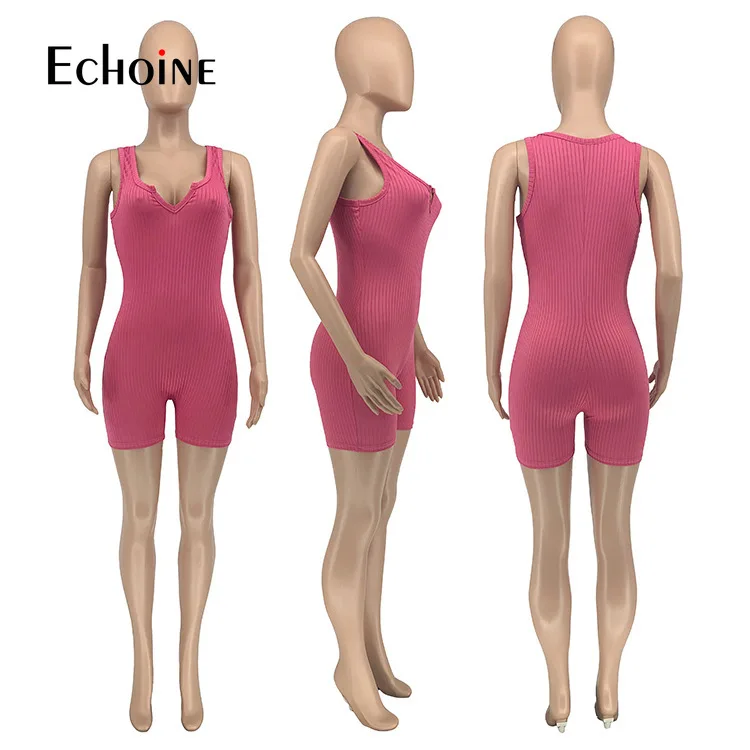

Echoine summer Fashion women Solid Sexy Knit Rib Skinny Sport Playsuit Casual Slim V-Neck Sleeveless bodysuit Rompers Jumpsuit