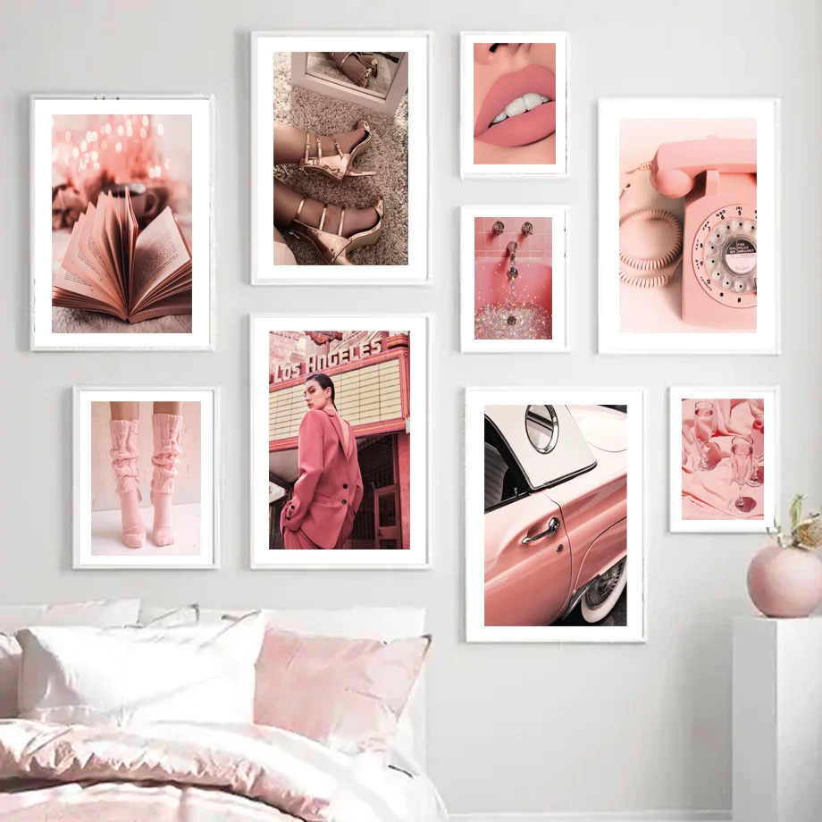 

Fashion Girl Pink High Heels Car Phone Lips Diamond Nordic Poster Wall Art Print Canvas Painting Decor Pictures For Living Room