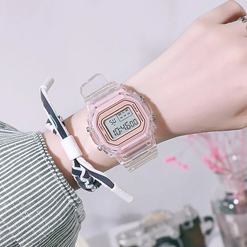 

Женские часы, простые цифровые светящиеся электронные часы, модные Прозрачные наручные часы с браслетом, детские часы, женские часы