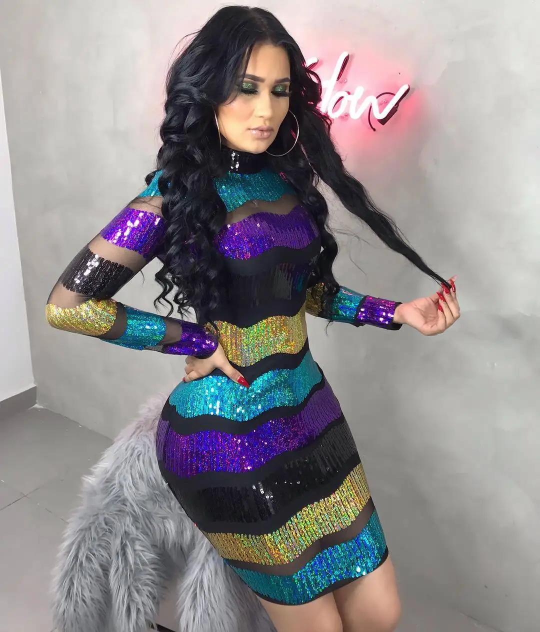 

2020 Woman Dress Net Yarn Perspective Stripe Fashion Newest Sexy