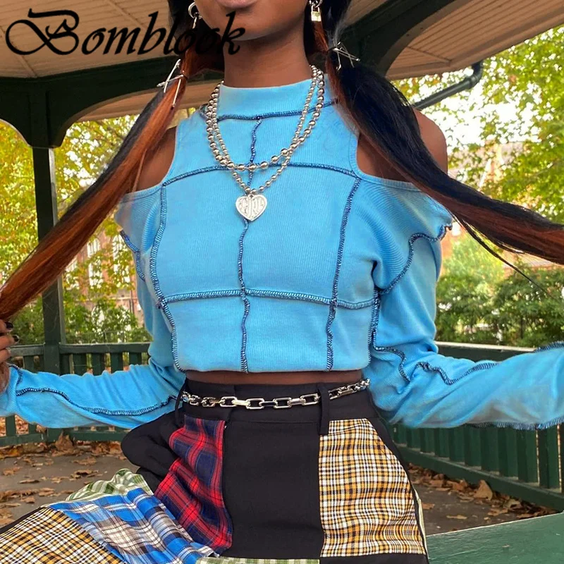 

Bomblook Casual Fashion Women's Solid Tops Autumn 2021 O-neck Long Sleeve Patchwork Crop Tops Female Streetwears