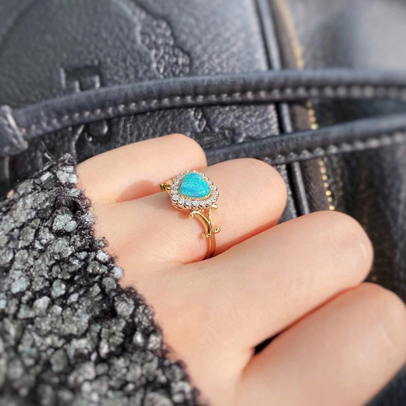 

AINUOSHI 18K White & Yellow Gold Heart Shape 0.5ct Natural Opal Real 0.15ct Diamond for Women Split Shank Gemstone Ring Jewelry