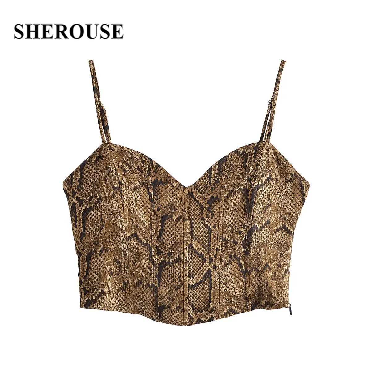 

Sherouse Women Fashion Serpentine Print Crop Top with Thin Straps V-neck Chic Lady Woman Vintage Sexy Camisole Tube Top