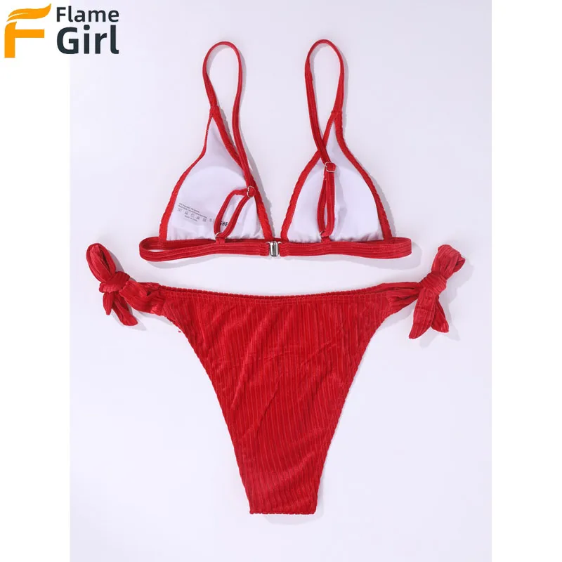 

New Sexy Red Stripe Solid Bikini Set Women Low-waist Swimsuit Two Pieces Suits Beach Bathing Suits Push Up Swimwear